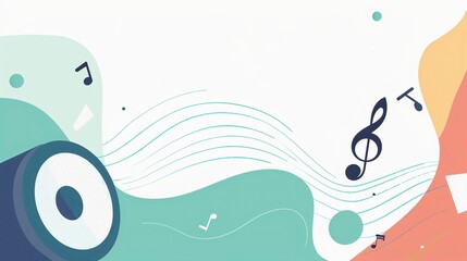 a minimalist flat 2D vector style speaker on the left side of a widescreen canvas, with a few simple geometric music notes emerging from it and floating across to the right, generative ai