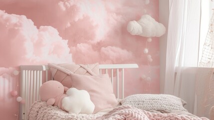 Wall Mural - A whimsical and dreamy accent wall with a light pink cloudlike texture creating a peaceful and serene atmosphere.