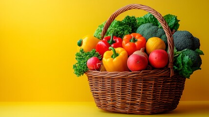 A basket of beautifully arranged fresh fruits and vegetables creates a homemade and appetizing look