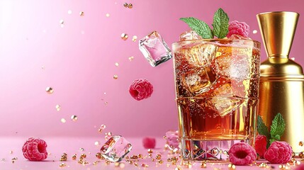 Poster -   A close-up image of a glass with ice and raspberries on a pink background, adorned with golden flakes