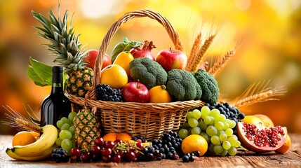 A basket of beautifully arranged fresh fruits and vegetables creates a homemade and appetizing look