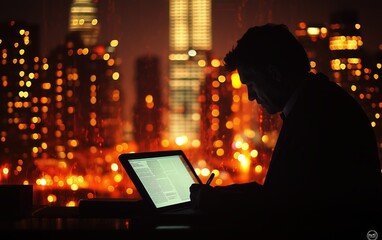 A lawyer pores over legal documents late into the night, the city lights twinkling outside the window of their office.