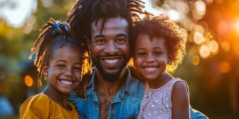 Smiling black father embraces two cheerful daughters outdoors during golden hour, enjoying quality family time, expressing love and connection.