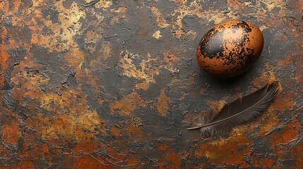 Wall Mural -   An egg and a feather on a rusted surface, patterned with varying shades