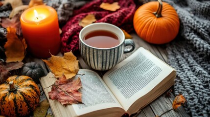 Poster - A cup of tea on a table with autumn leaves and pumpkins, AI