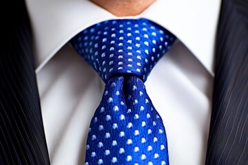 Wall Mural - Close up of a professional blue polka dot tie in a formal business suit showcasing sophistication and attention to detail in corporate attire for meetings and presentations