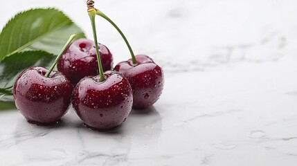   Cherries atop a green leaf on a white counter