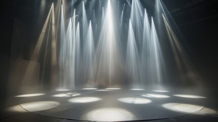 Aufkleber - Stage illuminated by multiple spotlights, casting circular beams of light.