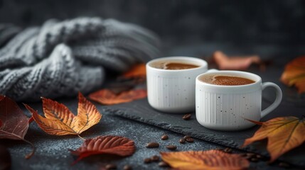 Two Cups of Coffee with Autumn Leaves and Coffee Beans on a Dark Background