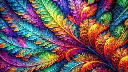 Vibrant and intricate feather-like with bright colors and abstract shapes, feathers, colorful, abstract,vibrant, design