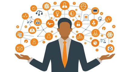 Wall Mural - Businessman Connected to a Network of Icons Representing Various Aspects of Technology