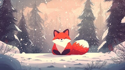 Poster -   Red fox in snow-covered forest surrounded by pine trees and falling snow