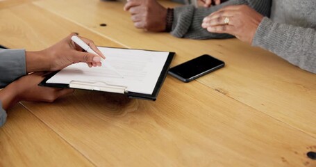 Canvas Print - Hands, couple and sign paper for lawyer, contract and paperwork or documents. People, marriage and form questions on application for retirement, planning and investment in closeup, home and assets