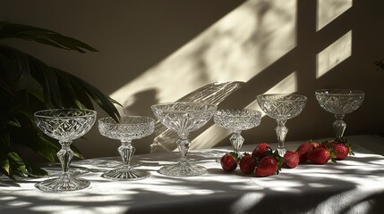 Wall Mural -   A table with a group of wine glasses and strawberries on a cloth