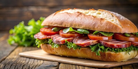 A close-up shot of a delicious sandwich filled with freshly baked bread and savory sausage, food, sandwich, lunch