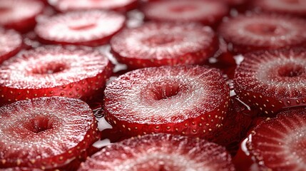 Poster -   A zoomed-in photo featuring a group of strawberries dusted with powdered sugar, with the main focus being on a single strawberry placed in the center of the image