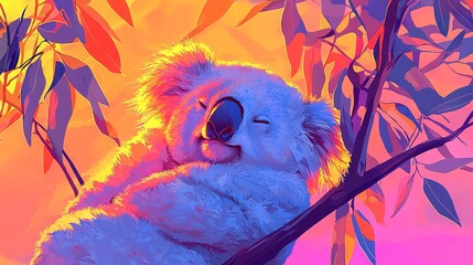 Sticker -   A sleepy koala rests its head on a branch in a painted tree