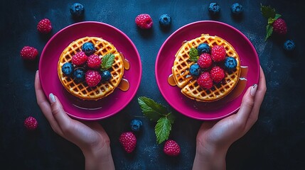 Canvas Print -   Two pink plates topped with waffles covered in blueberries and raspberries