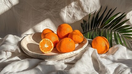 Poster -   An image shows a white cloth with a bowl of oranges placed on it, resting beside a palm leaf and a potted plant