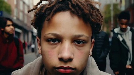 Poster - Troubled teen boy young man serious face on a street