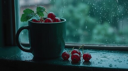 Poster -   A cup of cherries sits on a windowsill next to a rainy one