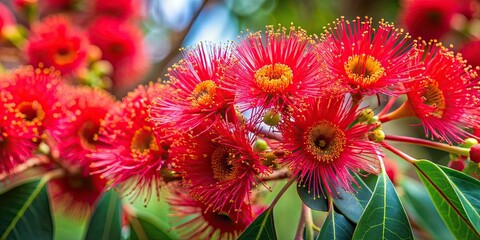 Bright red eucalyptus flowers in full bloom , red, eucalyptus, flowers, nature, flora, blooming, vibrant, colorful, botanical