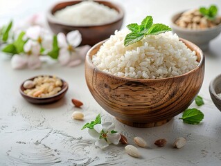 Fluffy White Rice in Wooden Bowl with Garnish