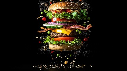 Poster -  A stack of hamburgers with bacon, lettuce, tomatoes and other toppings fall gracefully in mid-air