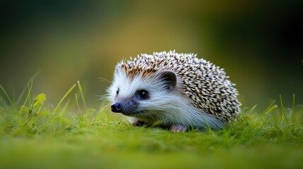 Wall Mural - A hedgehog is sitting on the grass in a field, AI