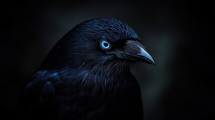 Wall Mural -   Close-up image of a black bird with a blue eye perched on its head against a dark backdrop