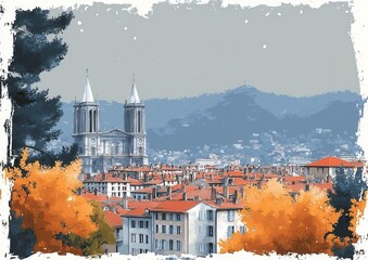 Sticker - Beautiful Autumn Cityscape with Historic Church and Mountainous Background, Enhanced Artistry for a Picturesque View