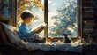 © Miftakhul - A young boy finds solace and adventure as he reads a book by the window. Sunlight streams through the window, illuminating the magical world within the book's pages.