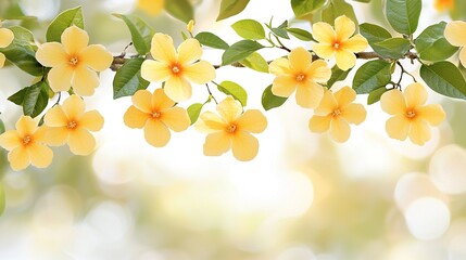 Wall Mural -  A tree with yellow flowers on a branch and green leaves in the foreground and blurry background