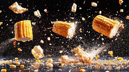 Canvas Print -   A cluster of corn on the cob is being tossed in mid-air with a sprinkle of salt nearby