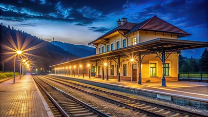 Night view of the railway station in Ruzomberok, Slovakia, railway, station, night, lights, transportation, architecture