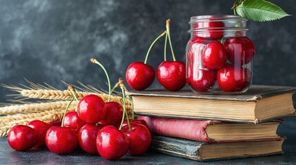 Poster -   A jar of cherries sits atop a pile of books alongside a bounty of ripe cherries