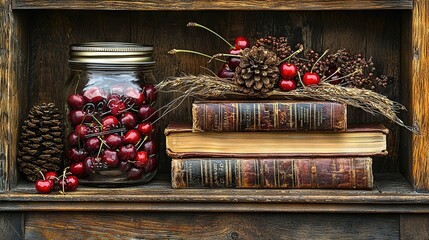 Poster -   A jar of cherries rests on a shelf beside piles of books and a pinecone