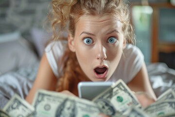 Serendipitous wealth: a shocked young person reacts to the arrival of money, concept of luck, gambling, and the euphoric response to unexpected monetary success and newfound happiness