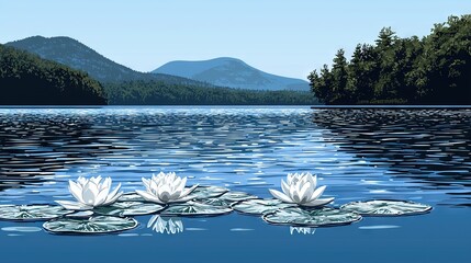 Sticker -   A painting of three white water lilies floating on a serene lake against a backdrop of majestic mountains and a vibrant blue sky