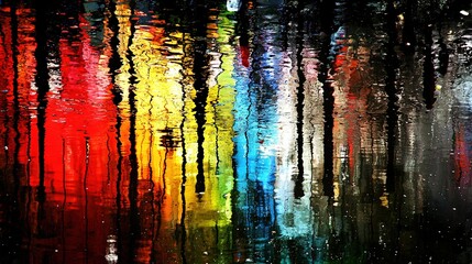 Wall Mural -   Close-up of colorful umbrella on wet water surface during rain