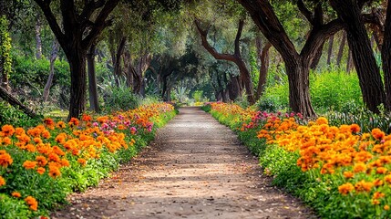 Wall Mural -   Dirt road bordered by orange and pink flowers, with a dirt path leading to the center