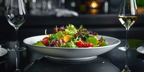 Canvas Print - Salad served on a sleek black tabletop