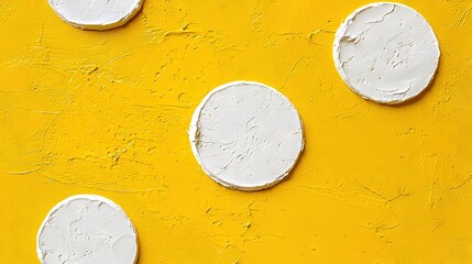 Wall Mural -   A close-up of two yellow walls, each adorned with three white circles, is visible in the image