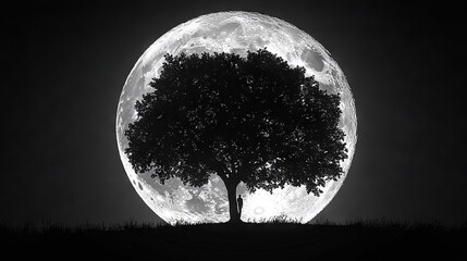 Poster -   A monochromatic snapshot of a solitary tree silhouetted against a backdrop of a luminous moon and a somber sky