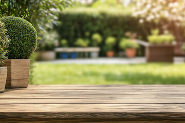 Beautiful blurred background of an empty wooden table with copy space for product display presentation in the garden on a sunny day