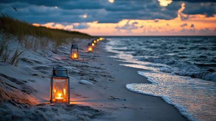 Poster -   Lanterns on beach at sunset with clouds