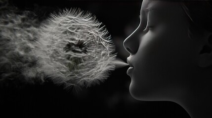 Canvas Print -   A B&W image of a young girl blowing a dandelion against a monochrome backdrop