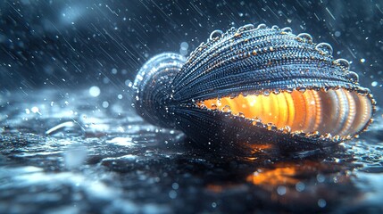 Poster -   A macroscopic view of a water-submerged object with droplets on the surface and splashing onto the shoreline