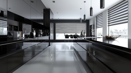 Wall Mural - A sleek kitchen boasting a minimalist aesthetic with simple yet striking striped cabinets in shades of black and white creating a dramatic backdrop for the modern appliances.