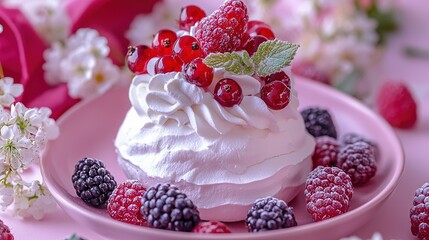 Poster -  A pink platter topped with a cake crowned with whipped cream and encircled by fresh raspberries